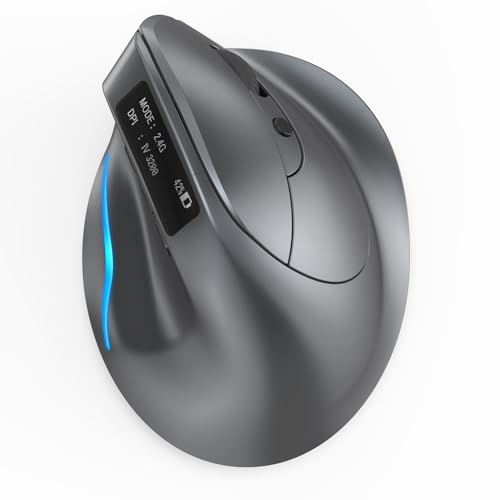 zelotes Vertikale Kabellose Maus mit Display,Bluetooth Maus mit 3200 DPI,Wiederaufladbar,7 Tasten mit USB-Empfänger,BT 5.0/3.0 + 2.4GHz,LED,Ergonomische Funkmaus für Laptop,PC,Tablets,Schwarz Bild 1