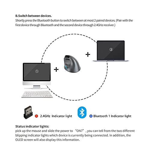zelotes Vertikale Kabellose Maus mit Display,Bluetooth Maus mit 3200 DPI,Wiederaufladbar,7 Tasten mit USB-Empfänger,BT 5.0/3.0 + 2.4GHz,LED,Ergonomische Funkmaus für Laptop,PC,Tablets,Schwarz Bild 3