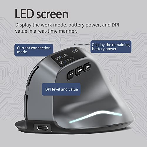 zelotes Vertikale Kabellose Maus mit Display,Bluetooth Maus mit 3200 DPI,Wiederaufladbar,7 Tasten mit USB-Empfänger,BT 5.0/3.0 + 2.4GHz,LED,Ergonomische Funkmaus für Laptop,PC,Tablets,Schwarz Bild 4