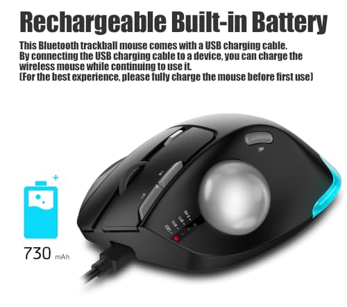 zelotes Trackball Maus Kabellos,Kabellose Bluetooth Maus,4800DPI,BT 5.0/3.0 + 2.4G,Daumenbedienung,Wiederaufladbar Ergonomische Funkmaus mit USB-Empfänger für Laptop,PC,Tablets,Schwarz Bild 5