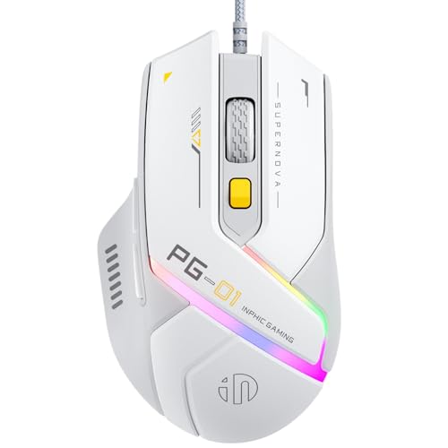 inphic PG1 Gaming Maus mit Kabel, 12800 DPI Hochpräzise, 6 programmierbare Tasten, atmungsaktive RGB Hintergrundbeleuchtung Ergonomische PC Maus Kabel für Computer/Mac/Laptop - Weiß Bild 1