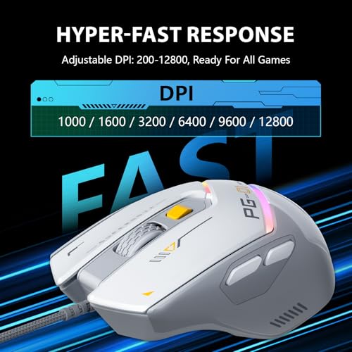 inphic PG1 Gaming Maus mit Kabel, 12800 DPI Hochpräzise, 6 programmierbare Tasten, atmungsaktive RGB Hintergrundbeleuchtung Ergonomische PC Maus Kabel für Computer/Mac/Laptop - Weiß Bild 3