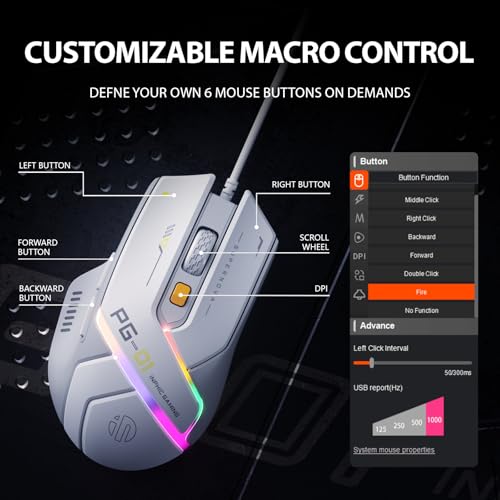 inphic PG1 Gaming Maus mit Kabel, 12800 DPI Hochpräzise, 6 programmierbare Tasten, atmungsaktive RGB Hintergrundbeleuchtung Ergonomische PC Maus Kabel für Computer/Mac/Laptop - Weiß Bild 4