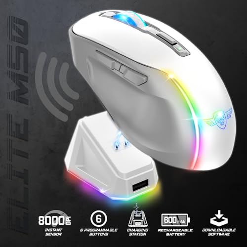 SPIRIT OF GAMER - Elite M50 Artic, Kabellose Gaming Maus RGB 8000 DPI, 6 Programmierbare Tasten, Bluetooth & 2,4 GHz Verbindung, Lange Akkulaufzeit von 90 Stunden, RGB Ladestation, Weiß Bild 2