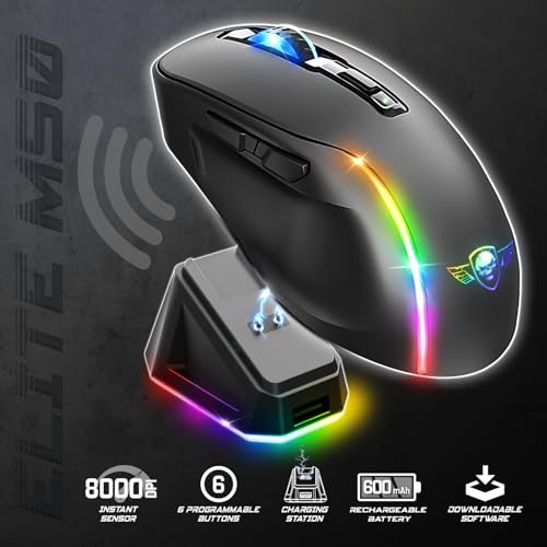 SPIRIT OF GAMER - Elite M50 Dark, Kabellose Gaming Maus RGB 8000 DPI, 6 Programmierbare Tasten, Bluetooth & 2,4 GHz Verbindung, Lange Akkulaufzeit von 90 Stunden, RGB Ladestation, Schwarz Bild 2
