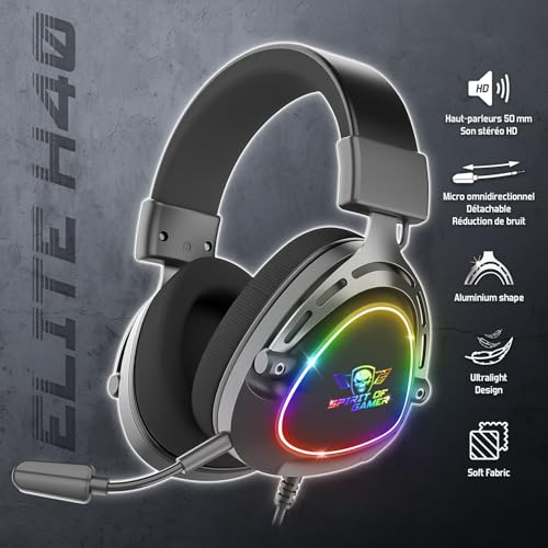 SPIRIT OF GAMER - Elite H40, RGB Gaming Headset mit Abnehmbarem Mikrofon für PC, PS5, PS4, Xbox, Switch, Stereo Audio, 3,5 mm Jack, 40 mm Lautsprecher, Nylon Kopfbügel und Ohrpolster, Schwarz Bild 2