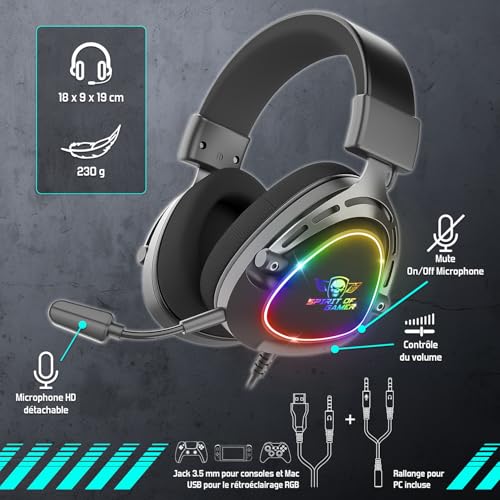 SPIRIT OF GAMER - Elite H40, RGB Gaming Headset mit Abnehmbarem Mikrofon für PC, PS5, PS4, Xbox, Switch, Stereo Audio, 3,5 mm Jack, 40 mm Lautsprecher, Nylon Kopfbügel und Ohrpolster, Schwarz Bild 3