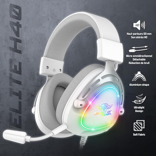 SPIRIT OF GAMER - Elite H40, RGB Gaming Headset mit Abnehmbarem Mikrofon für PC, PS5, PS4, Xbox, Switch, Stereo Audio, 3,5 mm Jack, 40 mm Lautsprecher, Nylon Kopfbügel und Ohrpolster, Weiß Bild 2