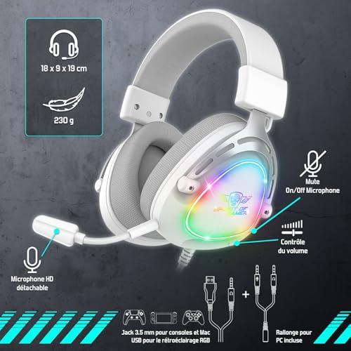 SPIRIT OF GAMER - Elite H40, RGB Gaming Headset mit Abnehmbarem Mikrofon für PC, PS5, PS4, Xbox, Switch, Stereo Audio, 3,5 mm Jack, 40 mm Lautsprecher, Nylon Kopfbügel und Ohrpolster, Weiß Bild 3