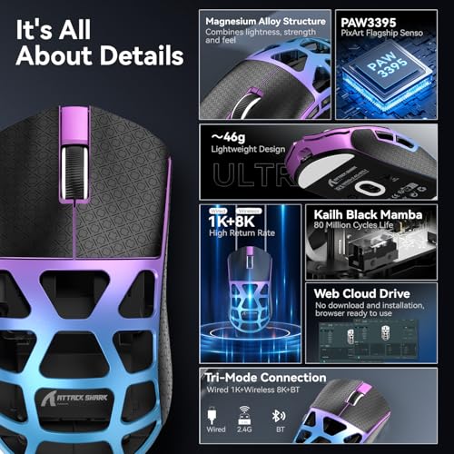 ATTACK SHARK R3 Magnesiumlegierungsmaus, kabellose 8K-Maus, 46 g SUPERLIGHT-Maus, PixArt PAW3395-Gaming-Sensor, BT/2,4 G/kabelgebundene Gaming-Maus, einstellbare DPI 26000, Büromäuse für Win11/Xbox/PS Bild 4