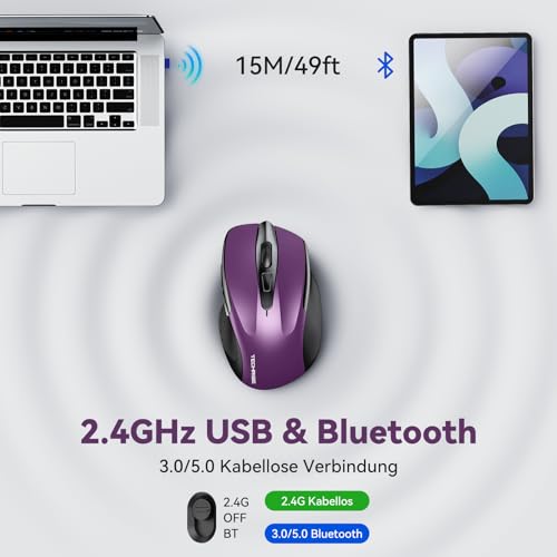 TechRise Bluetooth Maus, 2.4G Maus Kabellos (BT 5.0/3.0 + 2.4G) 4800 DPI Wiederaufladbare Ergonomische Mouse mit USB-A Empfänger, 6 Stufen DPI Stille Funkmaus für Laptops, Computer, PC, Windows, Lila Bild 2