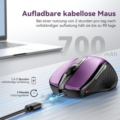 TechRise Bluetooth Maus, 2.4G Maus Kabellos (BT 5.0/3.0 + 2.4G) 4800 DPI Wiederaufladbare Ergonomische Mouse mit USB-A Empfänger, 6 Stufen DPI Stille Funkmaus für Laptops, Computer, PC, Windows, Lila Bild 3