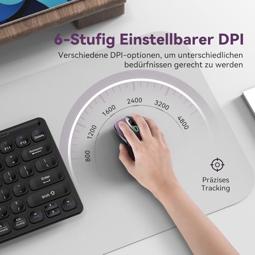 TechRise Bluetooth Maus, 2.4G Maus Kabellos (BT 5.0/3.0 + 2.4G) 4800 DPI Wiederaufladbare Ergonomische Mouse mit USB-A Empfänger, 6 Stufen DPI Stille Funkmaus für Laptops, Computer, PC, Windows, Lila Bild 4