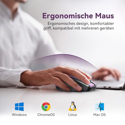 TechRise Bluetooth Maus, 2.4G Maus Kabellos (BT 5.0/3.0 + 2.4G) 4800 DPI Wiederaufladbare Ergonomische Mouse mit USB-A Empfänger, 6 Stufen DPI Stille Funkmaus für Laptops, Computer, PC, Windows, Lila Bild 6