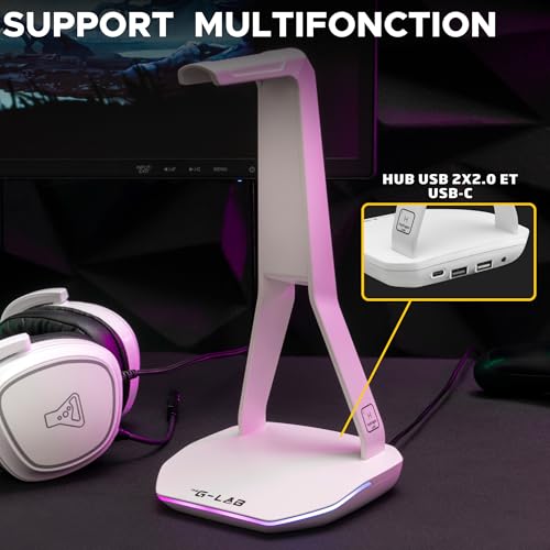 THE G-LAB – K-Stand Hydrogen – Gaming Kopfhörer Ständer – RGB mit 7 Farben, EIN/Aus-Schalter, 2X USB + USB-C, rutschfeste Basis – Universeller Ständer für Gaming-Headsets PC/PS5/PS4/Xbox – Weiß Bild 2