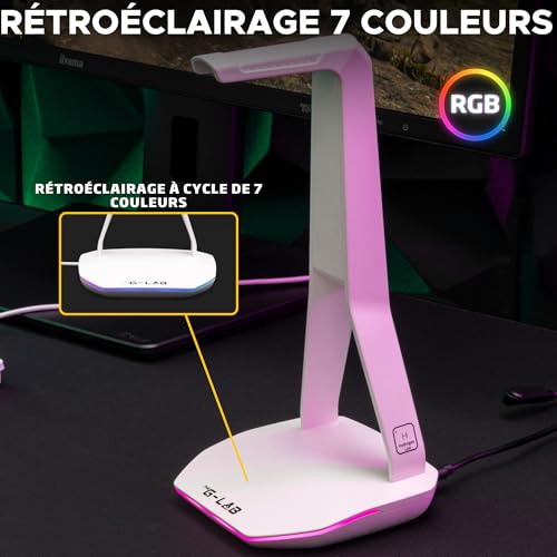 THE G-LAB – K-Stand Hydrogen – Gaming Kopfhörer Ständer – RGB mit 7 Farben, EIN/Aus-Schalter, 2X USB + USB-C, rutschfeste Basis – Universeller Ständer für Gaming-Headsets PC/PS5/PS4/Xbox – Weiß Bild 4