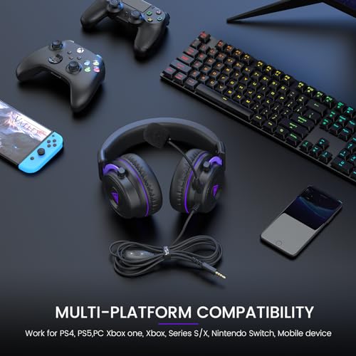 EKSA Gaming Headset, PC Headset mit Abnehmbar Mikrofon mit Geräuschunterdrückung, 3D Surround Sound Gaming Kopfhörer mit 3.5mm Kabel für Switch / PS4 / PS5 / Xbox One, Lila Bild 6
