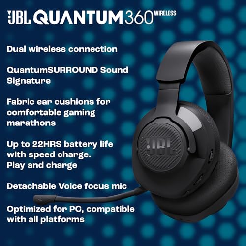 JBL Quantum 360 Kabellose Over-Ear Gaming-Kopfhörer mit 2,4 GHz/Bluetooth Dual Wireless-Verbindung, 22-Stunden-Akku, Multi-Plattform-Kompatibilität, abnehmbarem Mikrofon mit Stummschaltung, Schwarz Bild 4