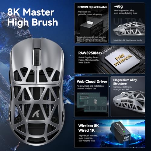 ATTACK SHARK R2 Gaming-Maus aus Magnesium, PixArt PAW3950 Sensor, kabellos, 8K, 48g, superleicht, BT/2,4G/verkabelt, DPI 42000, Grau - Win11/Xbox/PS/Mac Bild 5