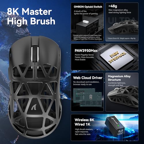 ATTACK SHARK R2 Magnesium-Legierung Maus, PixArt PAW3950 Gaming-Sensor, Kabellose 8K SUPERLIGHT 48g, BT/2.4G/Kabelgebunden, Einstellbare DPI 42000, Für Win11/Xbox/PS/Mac - Schwarz Bild 3
