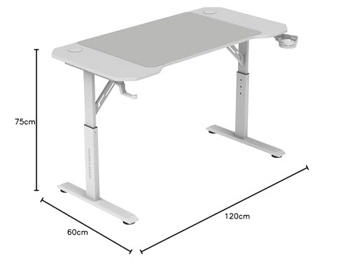 Mars Gaming MGD-ERGO120, Höhenverstellbarer Gaming-Tisch 3 Positionen, Ergonomische Oberfläche, Metallstruktur, XXL-Mauspad, Headset- und Getränkehalter, Kabelmanagement, Gaming Desk 120x60cm, Weiß Bild 2