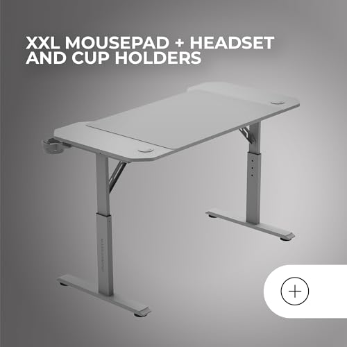 Mars Gaming MGD-ERGO120, Höhenverstellbarer Gaming-Tisch 3 Positionen, Ergonomische Oberfläche, Metallstruktur, XXL-Mauspad, Headset- und Getränkehalter, Kabelmanagement, Gaming Desk 120x60cm, Weiß Bild 5