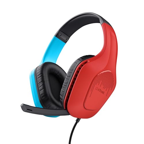 Trust Gaming GXT 416S Zirox Leichtes Gaming Headset für Nintendo Switch mit 50-mm-Treiber, 1,2 m Kabel, Hochklappbares Mikrofon, 3,5-mm-Audioanschluss, Over-Ear Kopfhörer mit Kabel, Blau/Rot Bild 1
