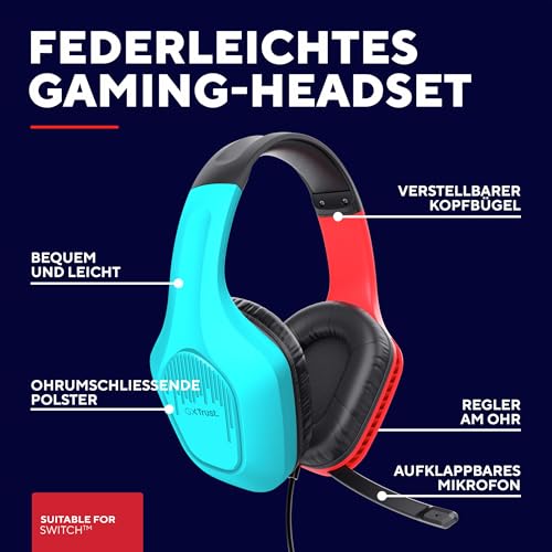 Trust Gaming GXT 416S Zirox Leichtes Gaming Headset für Nintendo Switch mit 50-mm-Treiber, 1,2 m Kabel, Hochklappbares Mikrofon, 3,5-mm-Audioanschluss, Over-Ear Kopfhörer mit Kabel, Blau/Rot Bild 2