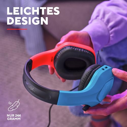 Trust Gaming GXT 416S Zirox Leichtes Gaming Headset für Nintendo Switch mit 50-mm-Treiber, 1,2 m Kabel, Hochklappbares Mikrofon, 3,5-mm-Audioanschluss, Over-Ear Kopfhörer mit Kabel, Blau/Rot Bild 3