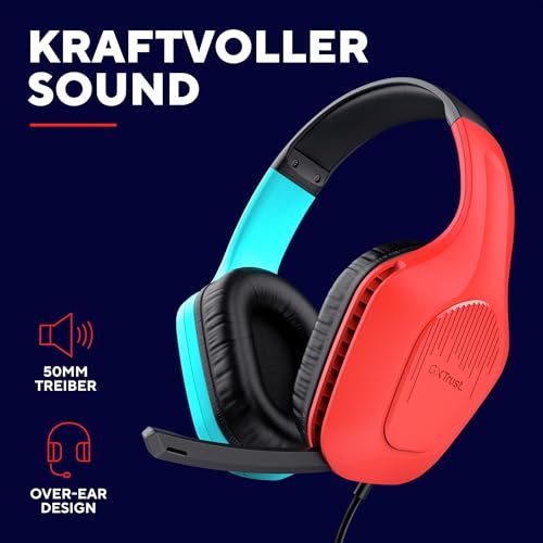 Trust Gaming GXT 416S Zirox Leichtes Gaming Headset für Nintendo Switch mit 50-mm-Treiber, 1,2 m Kabel, Hochklappbares Mikrofon, 3,5-mm-Audioanschluss, Over-Ear Kopfhörer mit Kabel, Blau/Rot Bild 4
