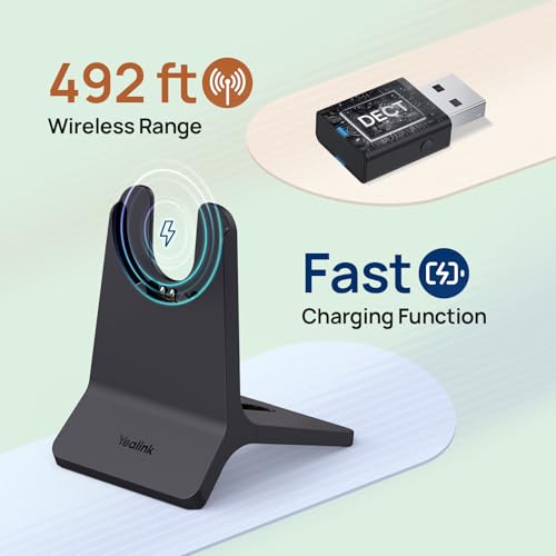 Yealink WH64 Hybrid DECT & Bluetooth Wireless Headset mit 3 Mikrofonen für die Arbeit mit Ladeständer, 492ft Reichweite, 26H Sprechzeit, Büro tragbare Single On Ear Headsets für Teams PC IP Telefon Bild 2