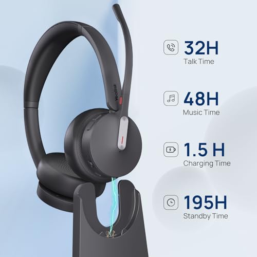 Yealink WH64 Hybrid DECT & Bluetooth Wireless Headset mit 3 Mikrofonen für die Arbeit mit Ladeständer, 492ft Reichweite, 26H Sprechzeit, Büro tragbare Single On Ear Headsets für Teams PC IP Telefon Bild 4