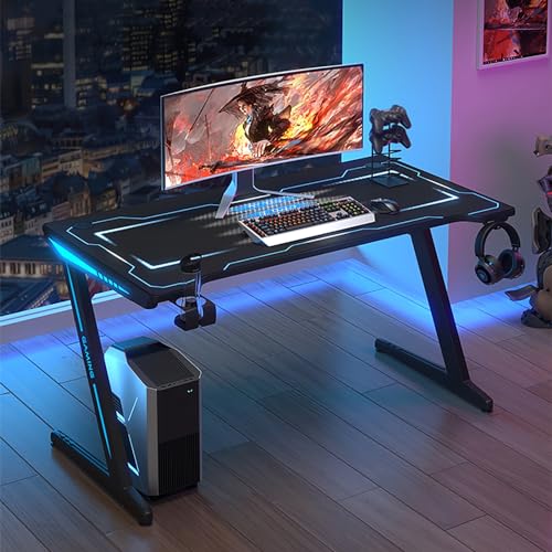 Computertisch, Schminktisch, Nachttische, Gaming-Schreibtisch mit RGB-Beleuchtung, Z-förmiger Gaming-Schreibtisch mit Headset-Haken und Getränkehalter, Gamer-Spiel aus Spanplatten Bild 2