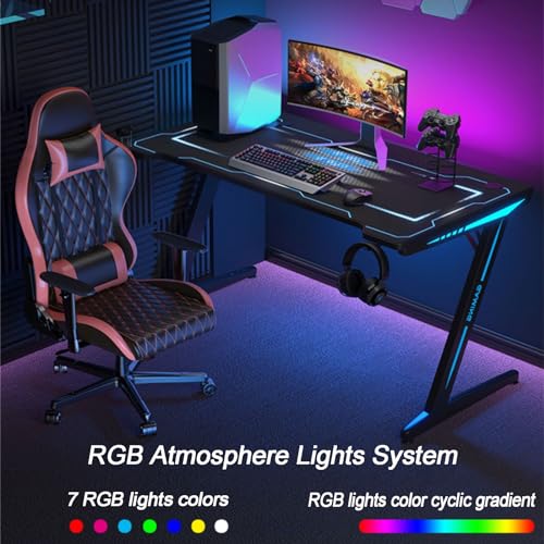 Computertisch, Schminktisch, Nachttische, Gaming-Schreibtisch mit RGB-Beleuchtung, Z-förmiger Gaming-Schreibtisch mit Headset-Haken und Getränkehalter, Gamer-Spiel aus Spanplatten Bild 5