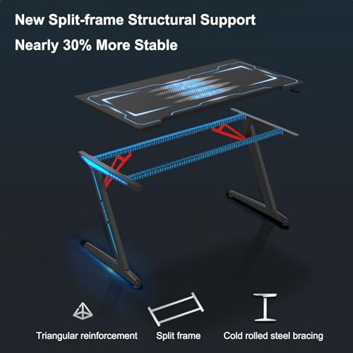 Computertisch, Schminktisch, Nachttische, Gaming-Schreibtisch mit RGB-Beleuchtung, Z-förmiger Gaming-Schreibtisch mit Headset-Haken und Getränkehalter, Gamer-Spiel aus Spanplatten Bild 6