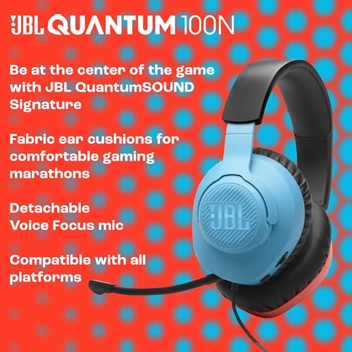 JBL Quantum 100N, kabelgebundenes Over-Ear-Gaming-Headset mit abnehmbarem Mikrofon, JBL QuantumSOUND Signature, Memory Foam, Multi-Plattform-Kompatibilität und Windows Sonic Spatial Sound, Blau/Rot Bild 4
