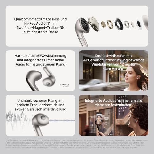 XIAOMI Buds 5 - In-Ear Kopfhörer mit 40dB Hybrid Active-Noise Cancelling, 39 Stunden Akkulaufzeit, Dual-Magnet Treiber & 5 EQ-Einstellungen, AI-Windgeräuschunterdrückung, Google Fast Pair, Grau Bild 2