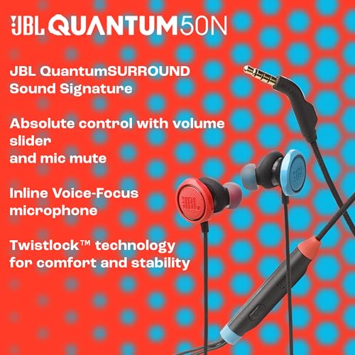 JBL Quantum 50N, kabelgebundenes In-Ear Gaming-Headset mit JBL QuantumSOUND Signature, Sprackfokus-Mikrofon, Lautstärke-Slider und Stummschaltung, Multi-Plattform-Kompatibilität, Twistlock, Blau/Rot Bild 2