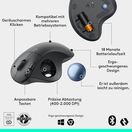 Logitech Ergo M575S kabellose Trackball-Maus, kabellose ergonomische Maus mit Bluetooth und verschlüsseltem Dongle, komfortable Daumensteuerung, für PC/Mac - Grafit Bild 6