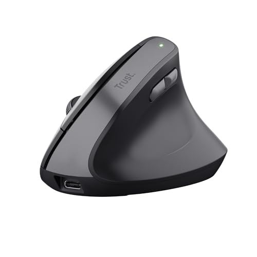 Trust Yuno Wiederaufladbare Vertikale Maus, Kabellose Ergonomische Maus 2.4GHz, Vorbeugung Gegen Mausarm/Tennisarm (RSI Syndrom), 800-2400 DPI, 70% Recyclingkunststoff, PC, Laptop, Mac - Schwarz Bild 1