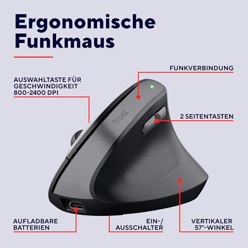 Trust Yuno Wiederaufladbare Vertikale Maus, Kabellose Ergonomische Maus 2.4GHz, Vorbeugung Gegen Mausarm/Tennisarm (RSI Syndrom), 800-2400 DPI, 70% Recyclingkunststoff, PC, Laptop, Mac - Schwarz Bild 2