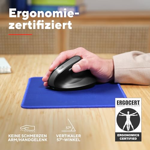 Trust Yuno Wiederaufladbare Vertikale Maus, Kabellose Ergonomische Maus 2.4GHz, Vorbeugung Gegen Mausarm/Tennisarm (RSI Syndrom), 800-2400 DPI, 70% Recyclingkunststoff, PC, Laptop, Mac - Schwarz Bild 3