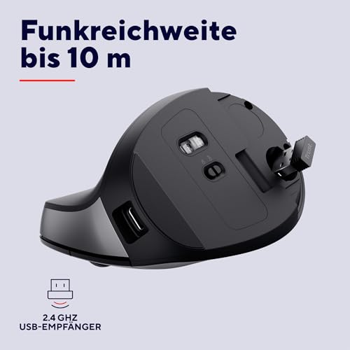 Trust Yuno Wiederaufladbare Vertikale Maus, Kabellose Ergonomische Maus 2.4GHz, Vorbeugung Gegen Mausarm/Tennisarm (RSI Syndrom), 800-2400 DPI, 70% Recyclingkunststoff, PC, Laptop, Mac - Schwarz Bild 4