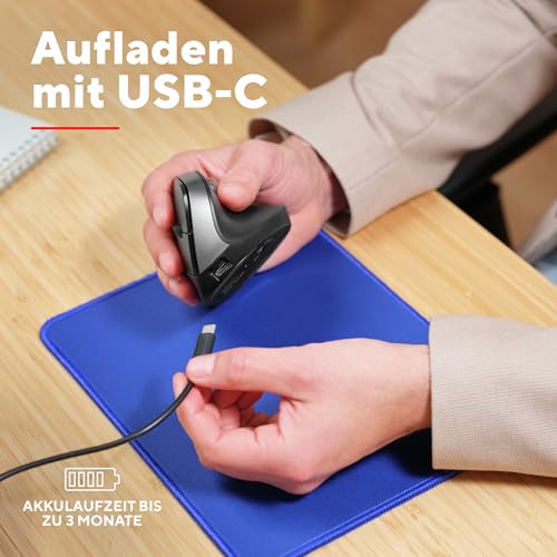 Trust Yuno Wiederaufladbare Vertikale Maus, Kabellose Ergonomische Maus 2.4GHz, Vorbeugung Gegen Mausarm/Tennisarm (RSI Syndrom), 800-2400 DPI, 70% Recyclingkunststoff, PC, Laptop, Mac - Schwarz Bild 5
