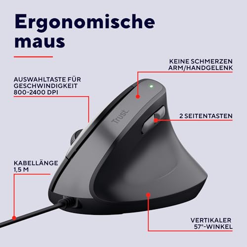 Trust Yuno Vertikale Maus, Ergonomische Maus für Rechtshänder, Vorbeugung Gegen Mausarm/Tennisarm (RSI Syndrom), 60% Recyclingkunststoff, mit Kabel, Computer Laptop PC Mac - Schwarz Bild 2