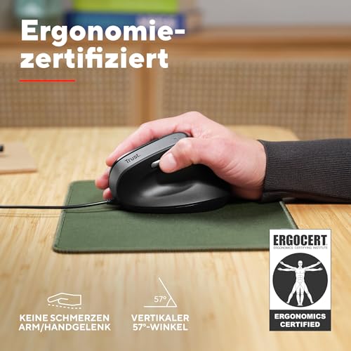 Trust Yuno Vertikale Maus, Ergonomische Maus für Rechtshänder, Vorbeugung Gegen Mausarm/Tennisarm (RSI Syndrom), 60% Recyclingkunststoff, mit Kabel, Computer Laptop PC Mac - Schwarz Bild 3