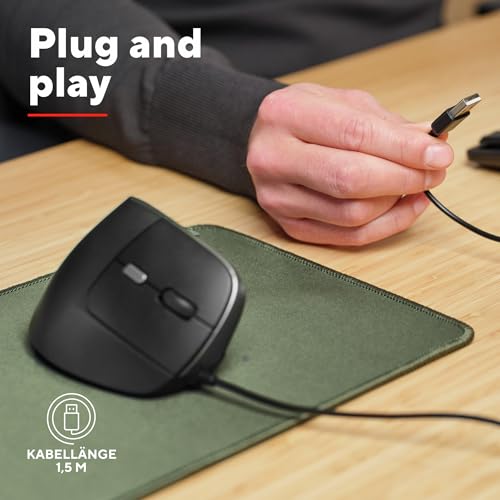 Trust Yuno Vertikale Maus, Ergonomische Maus für Rechtshänder, Vorbeugung Gegen Mausarm/Tennisarm (RSI Syndrom), 60% Recyclingkunststoff, mit Kabel, Computer Laptop PC Mac - Schwarz Bild 4