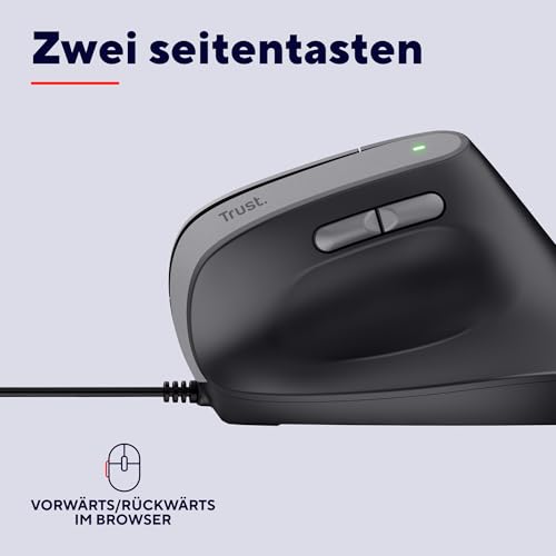 Trust Yuno Vertikale Maus, Ergonomische Maus für Rechtshänder, Vorbeugung Gegen Mausarm/Tennisarm (RSI Syndrom), 60% Recyclingkunststoff, mit Kabel, Computer Laptop PC Mac - Schwarz Bild 5