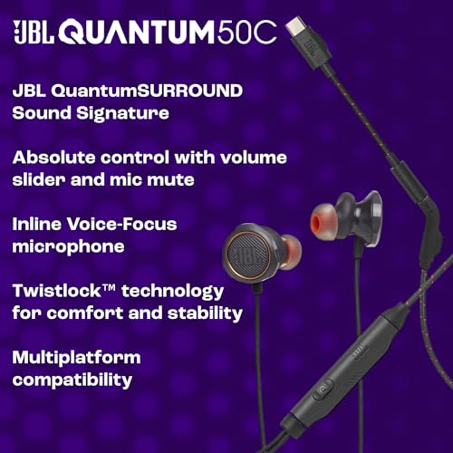 JBL Quantum 50C, kabelgebundenes In-Ear-USB-C-Gaming-Headset mit JBL QuantumSURROUND Sound, Multi-Plattform-Kompatibilität, sprachfokussiertem Mikrofon, Lautstärke-Slider und Stummschaltung, Weiß Bild 3