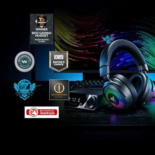 Razer Kraken V4 Pro - Kabelloses Gaming-Headset mit Control Hub Sensa HD-Haptik (OLED-Control-Hub, Triforce 40mm Treiber, HyperSpeed & Bluetooth, THX Spatial Audio, RGB) Schwarz Bild 2